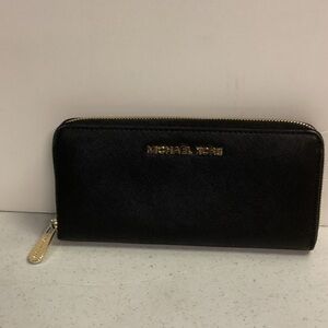 Michael Kors Black and Gold Zip Wallet Saffiano Leather